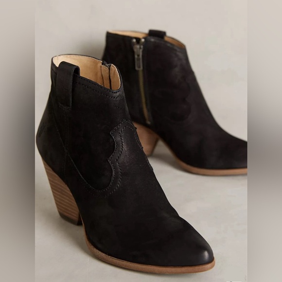 FRYE Reina Black Suede Oil Slick Leather Ankle Chunky Heel Booties US 7 - Picture 1 of 12